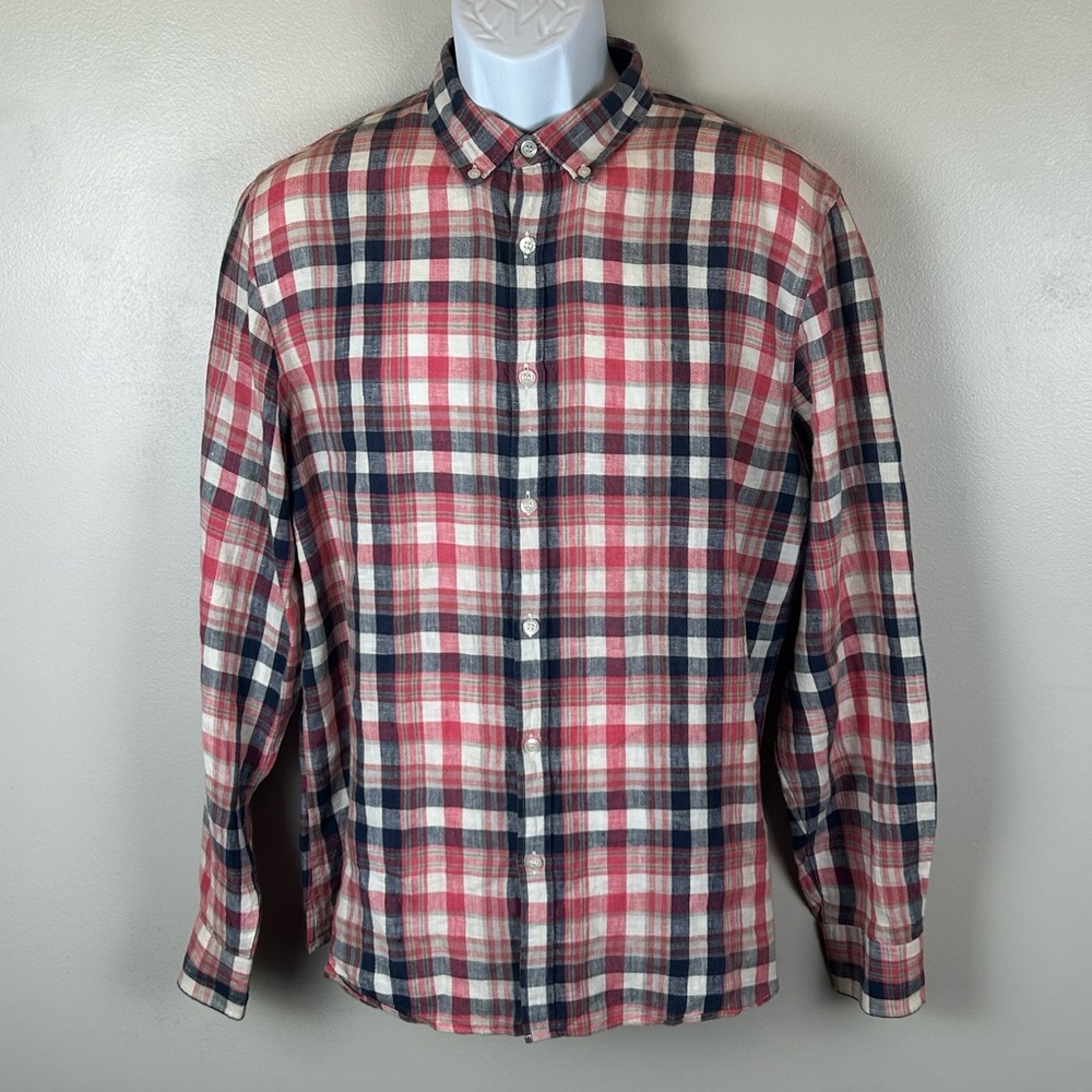 Murano Baird McNutt Linen Shirt Mens L Plaid Roll Tab Sleeve Slim Fit Preppy